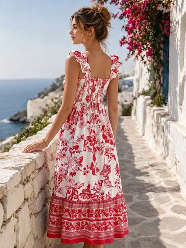 Long Dress with Straps, Ruffles, and Floral Print for Women