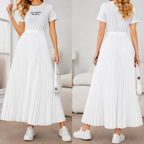 Saia Longa Feminina Plissada Cintura Alta Moda Evangélica