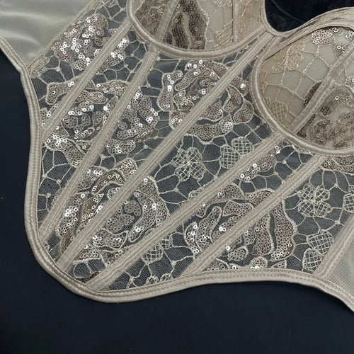 Cropped Corset Corselete De Renda Com Barbatana Feminino