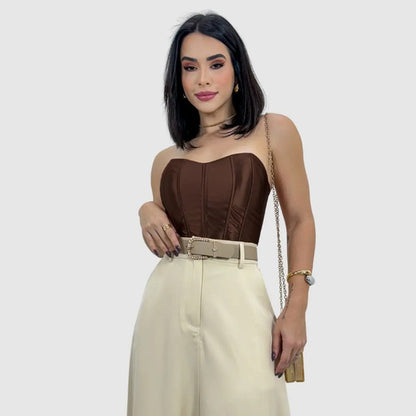 Cropped Corset Feminino Bico Acetinado Luxo Amarração Top