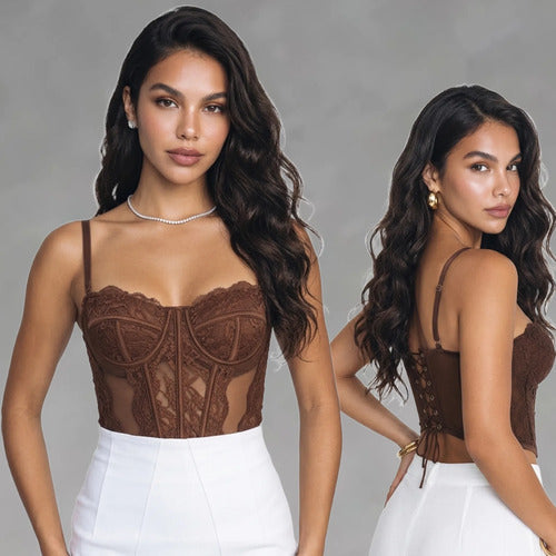 Corset Renda Feminino Alça Cropped Sexy Corpete Blusa Top