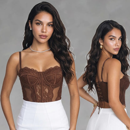 Corset Renda Feminino Alça Cropped Sexy Corpete Blusa Top