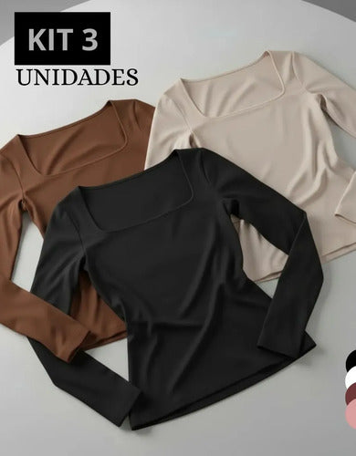 Kit 3 Blusa Manga Longa Inverno Decote Gola Quadrada