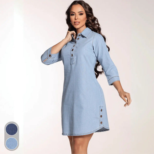 Chemise Jeans Feminina Manga 3/4 Leve Oversized Sem Lycra