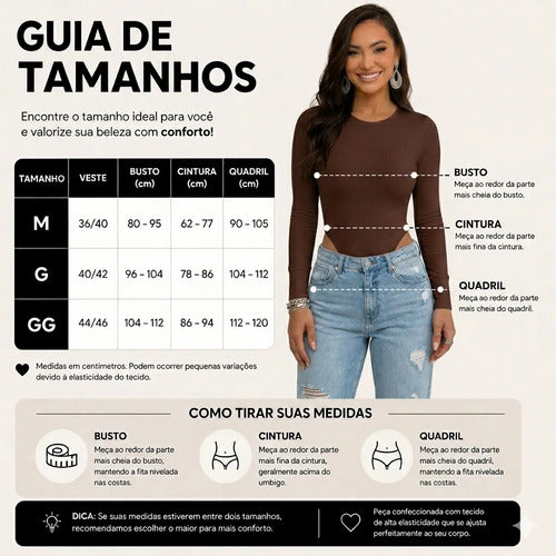 Body Feminino Manga Longa Gola Careca Liso Modelador Collant