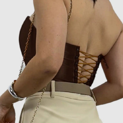 Cropped Corset Feminino Bico Acetinado Luxo Amarração Top