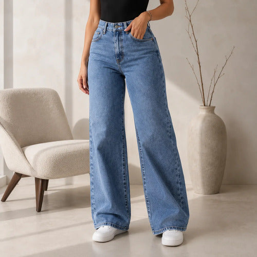 Calça Jeans Wide Leg Feminina Cintura Alta Pantalona