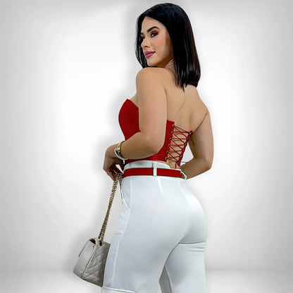 Cropped Corset Feminino Bico Acetinado Luxo Amarração Top