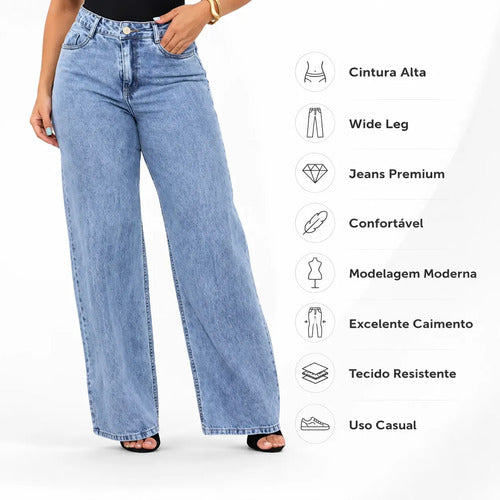 Calça Jeans Wide Leg Feminina Cintura Alta Pantalona