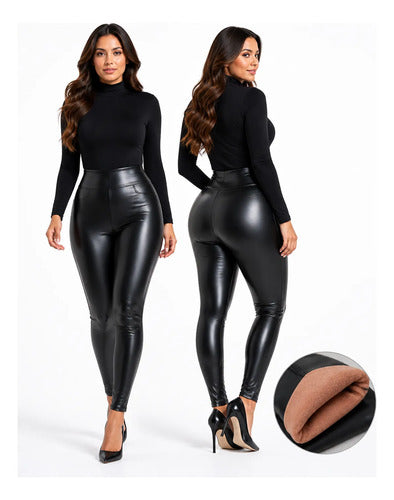Calça Couro Fake Courino Preta Modeladora Flanelada Premium