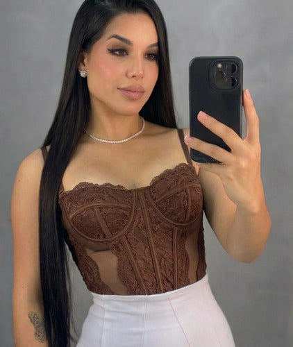 Corset Renda Feminino Alça Cropped Sexy Corpete Blusa Top