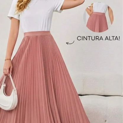 Saia Longa Feminina Plissada Cintura Alta Moda Evangélica