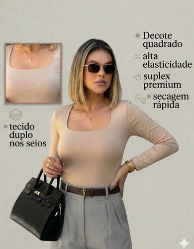 Blusa Manga Longa Feminina Decote Quadrado Segunda Pele