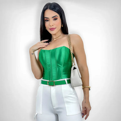 Cropped Corset Feminino Bico Acetinado Luxo Amarração Top