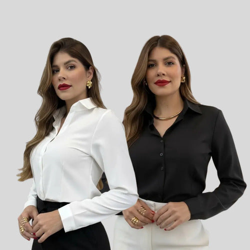 Kit 02 Camisas Feminina Social Manga Longa Casual Com Botões