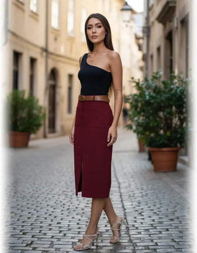 Saia De Alfaiataria Midi Moda Evangélica Brinde Cinto Couro
