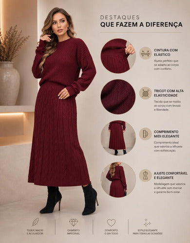 Conjunto Feminino Em Tricô Saia Blusa Manga Longa Quentinho