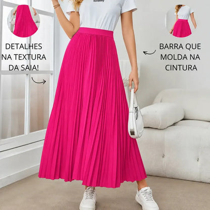 Saia Longa Feminina Plissada Cintura Alta Moda Evangélica