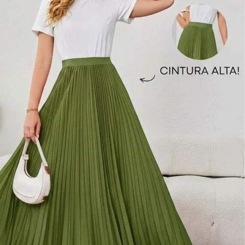 Saia Longa Feminina Plissada Cintura Alta Moda Evangélica