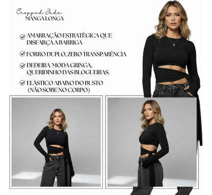 Cropped Manga Longa Feminino Amarração Cintura Moda Gringa