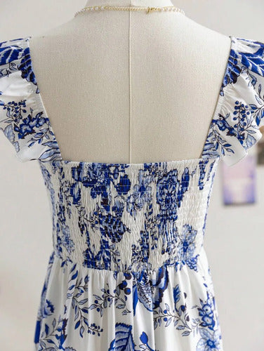 Long Dress with Straps, Ruffles, and Floral Print for Women
