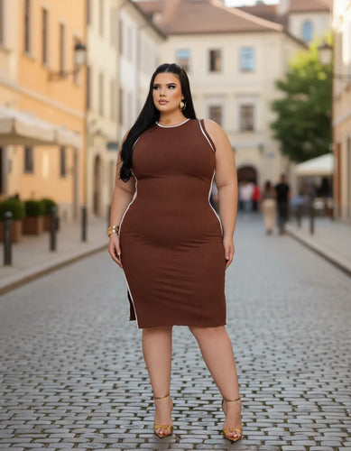 Vestido Midi Canelado Plus Premium Casual Básico Modelador