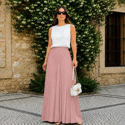 Saia Longa Feminina Plissada Cintura Alta Moda Evangélica