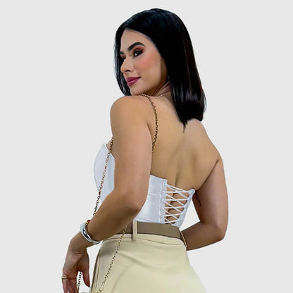 Cropped Corset Feminino Bico Acetinado Luxo Amarração Top
