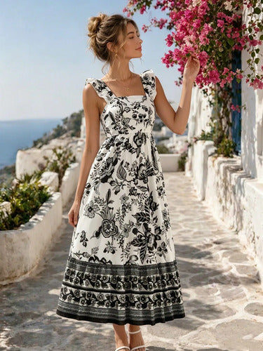 Long Dress with Straps, Ruffles, and Floral Print for Women