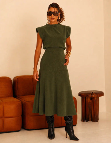Conjunto Feminino Blusa Saia Veludo Cotelê Inverno Quentinho