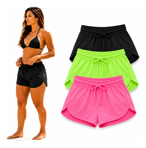 Kit 3 Short Feminino Tactel Academia Praia Piscina Verão