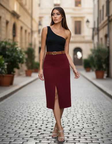 Saia De Alfaiataria Midi Moda Evangélica Brinde Cinto Couro