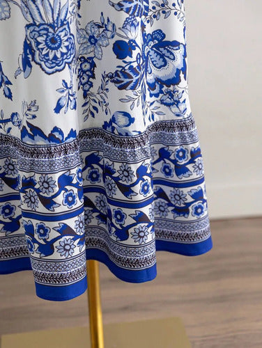Long Dress with Straps, Ruffles, and Floral Print for Women