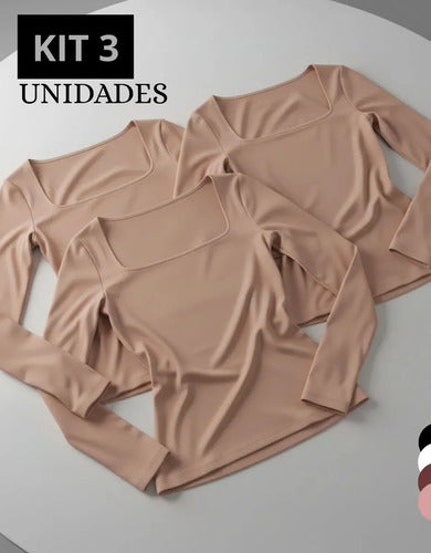 Kit 3 Blusa Manga Longa Inverno Decote Gola Quadrada