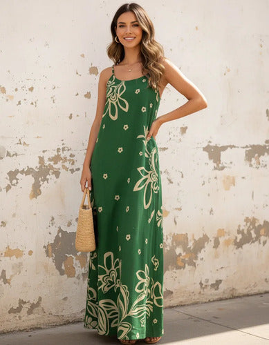 Vestido Feminino Longo Estampado Com Alça Regulável