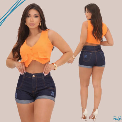 Shorts Jeans Feminino Cintura Alta  Com Lycra Super Moderno!