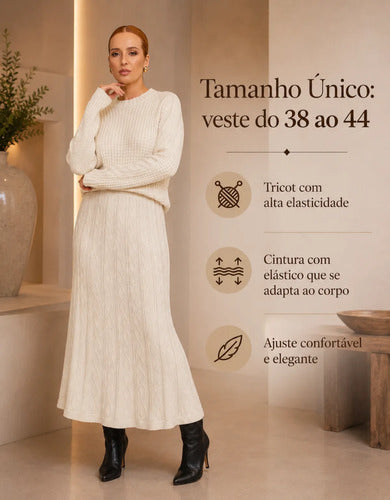 Conjunto Feminino Em Tricô Saia Blusa Manga Longa Quentinho