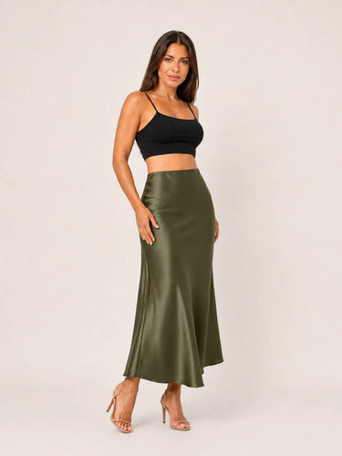 Saia De Cetim Midi Acetinada Feminina Lisa Elegante
