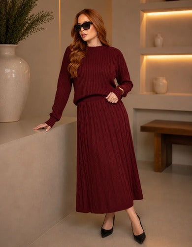 Conjunto Feminino Em Tricô Saia Blusa Manga Longa Quentinho