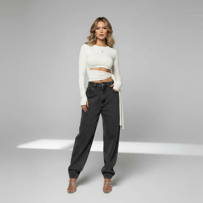 Cropped Manga Longa Feminino Amarração Cintura Moda Gringa
