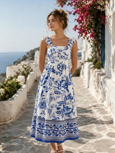 Long Dress with Straps, Ruffles, and Floral Print for Women