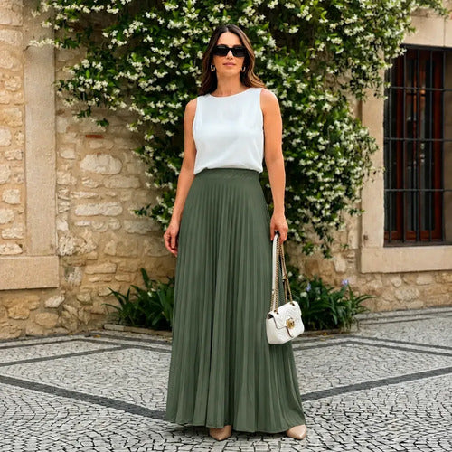 Saia Longa Feminina Plissada Cintura Alta Moda Evangélica