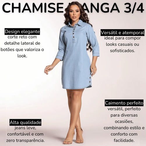 Chemise Jeans Feminina Manga 3/4 Leve Oversized Sem Lycra