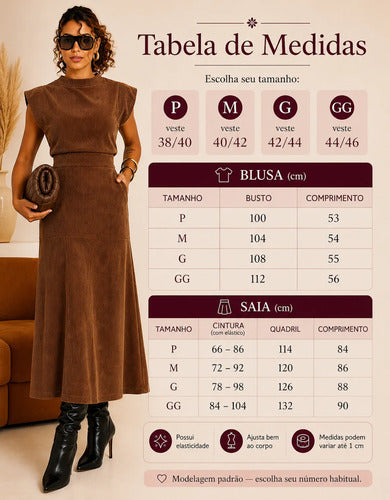 Conjunto Feminino Blusa Saia Veludo Cotelê Inverno Quentinho