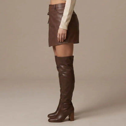 Short Saia Couro Sintético Feminino Cintura Alta Transpasse