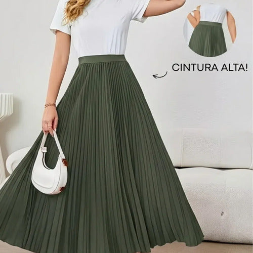 Saia Longa Feminina Plissada Cintura Alta Moda Evangélica