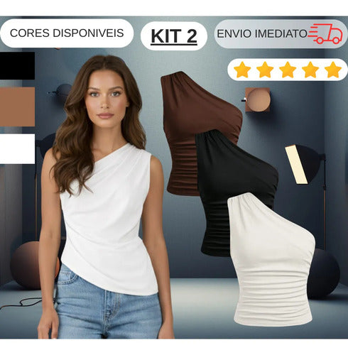 Kit 2 Blusa Feminina Elegante Mula Manga Assimétrica Casual
