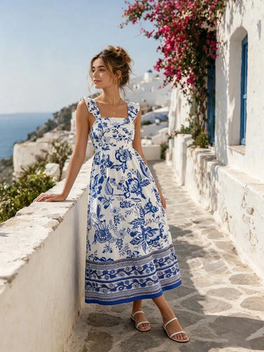 Long Dress with Straps, Ruffles, and Floral Print for Women