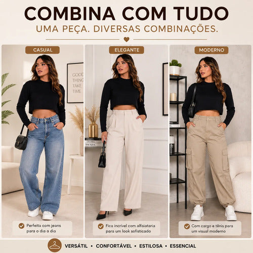 Blusa Cropped Manga Longa Feminino Gola Alta Suedine Premium