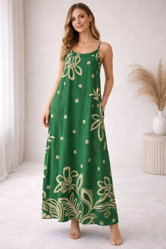 Vestido Feminino Longo Estampado Com Alça Regulável
